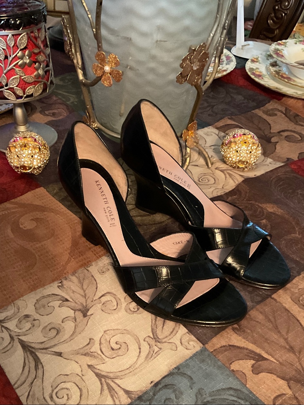 Kenneth Cole Black Croc-Embossed D'Orsay Wedge Sandals